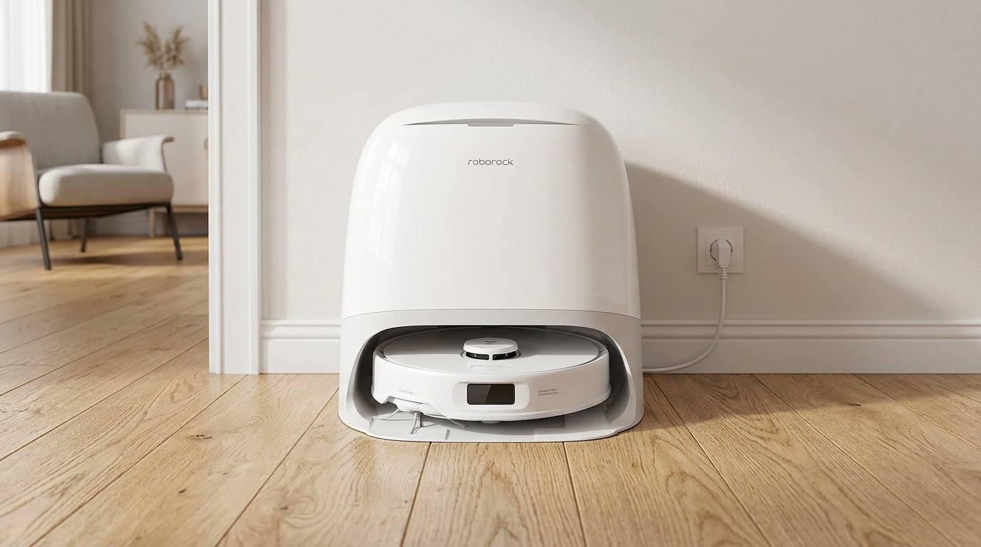 White Roborock Qrevo Curv S5X in its rounded dock on a wooden floor, with a plant and a wooden sideboard behind it