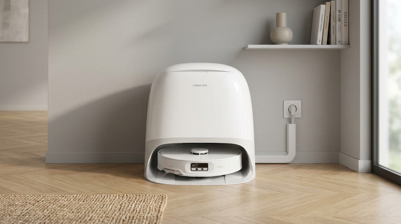 Roborock Qrevo CurvX docked against a white wall next to a power outlet