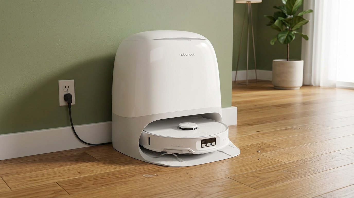 White Roborock Qrevo CurvX in its rounded dock on a wooden floor beside a kitchen counter and a potted plant