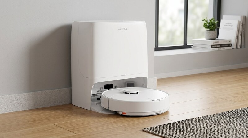 White Roborock Qrevo Edge 3 Pro robot vacuum and dock in a bright living room