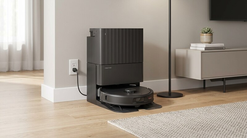 Roborock Qrevo S Pro robot vacuum in its black dock in a living room