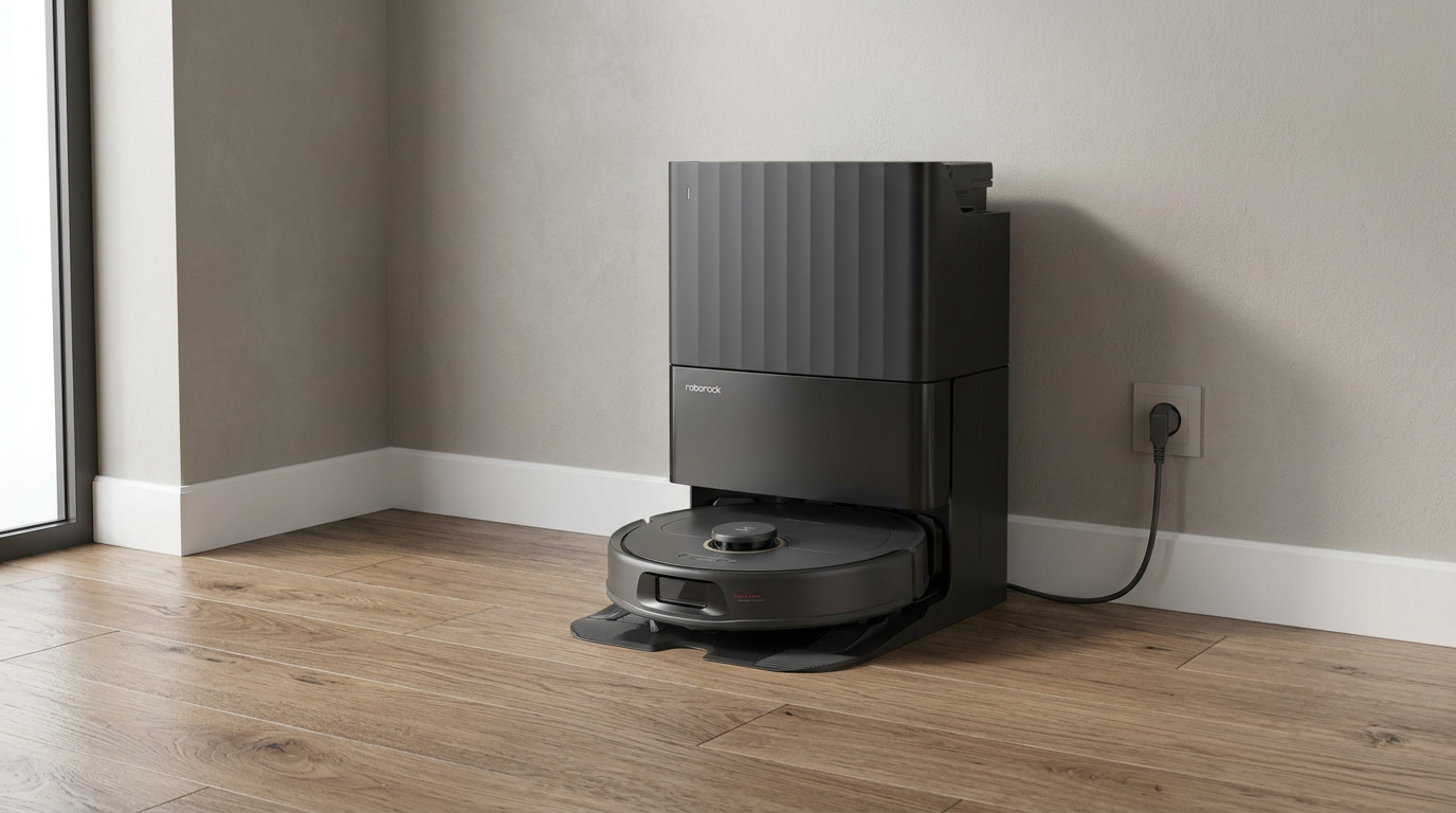 Black Roborock Qrevo S5V robot vacuum in its ribbed dock on a wooden floor, plugged into a wall outlet