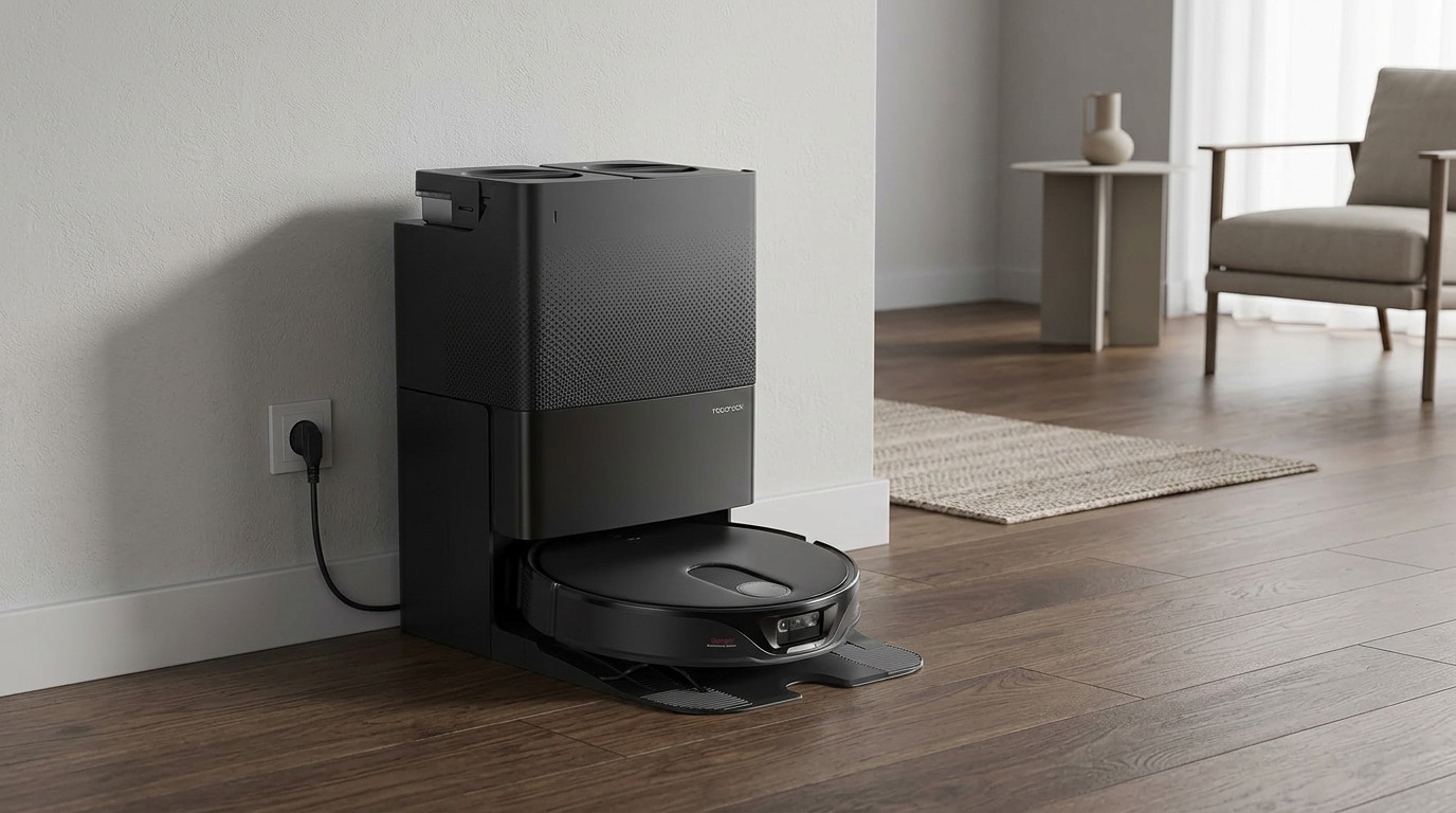 Black Roborock Qrevo Slim in its dock on a wooden floor, with a potted plant and wooden cabinet in the background