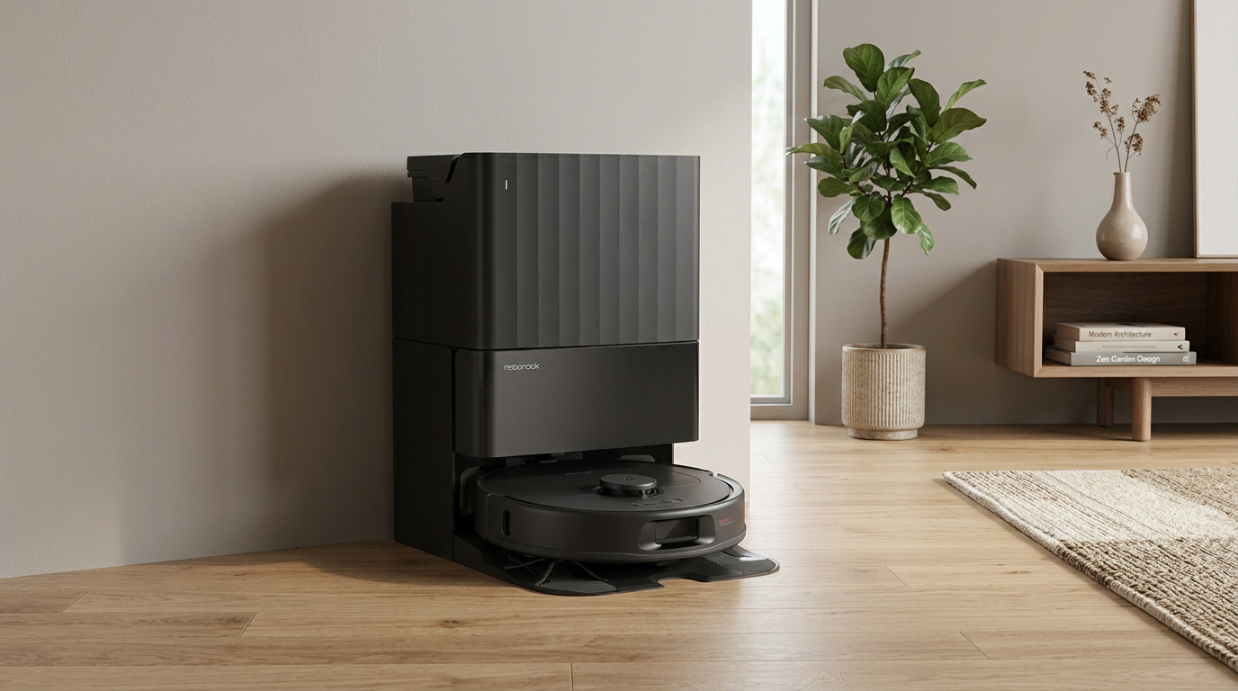 Roborock QV 35A dock plugged in against a light wall on a gray concrete floor, next to a plant