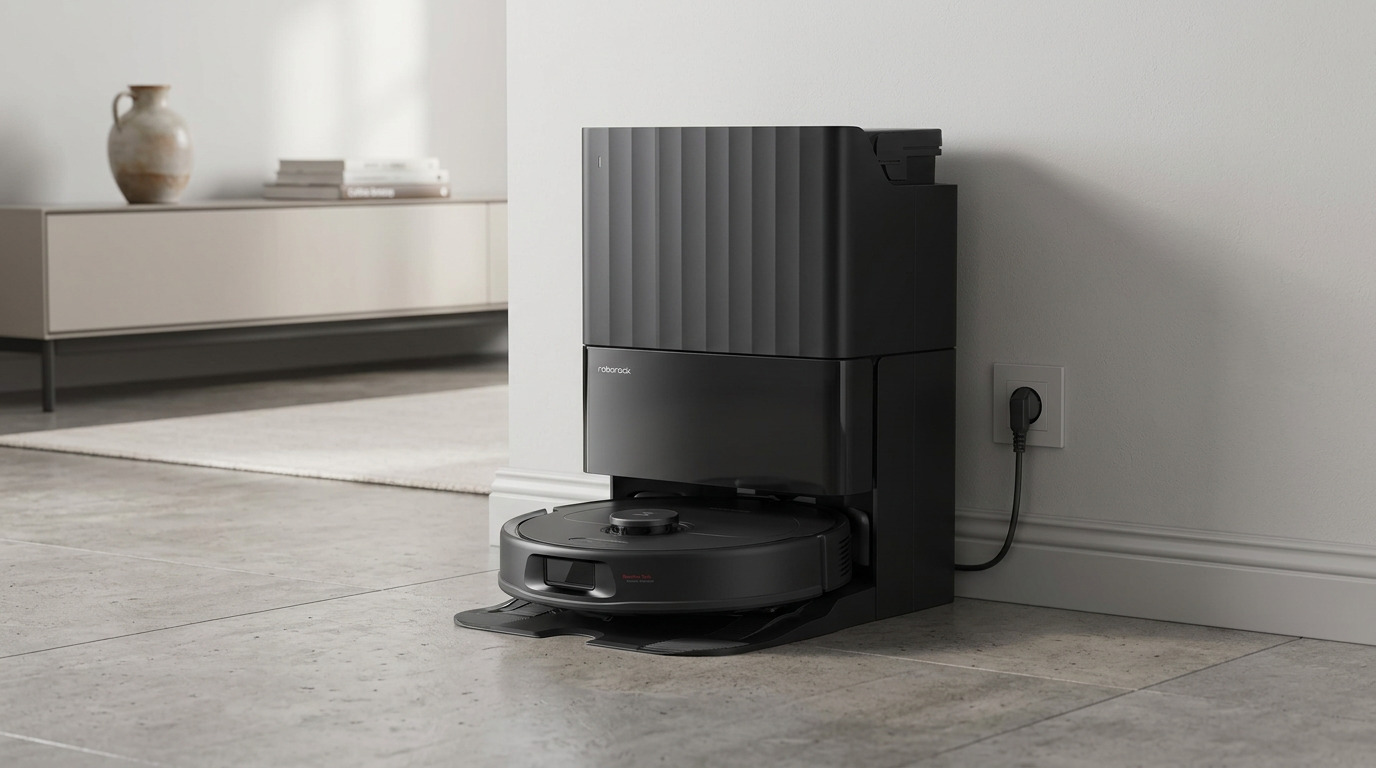 Roborock QV 35A robot docked in its black station on a gray floor