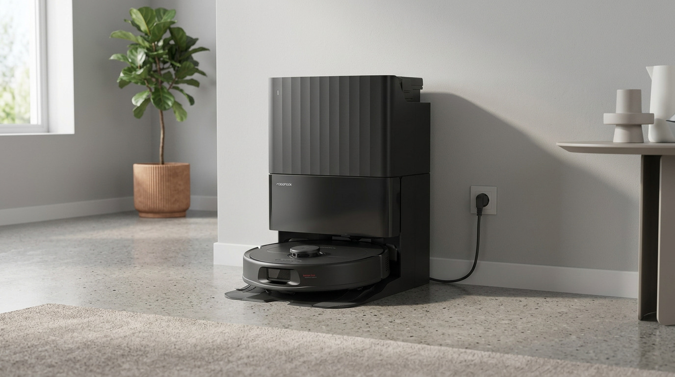 Black Roborock QV 35A robot vacuum in its dock on a wooden floor, with a potted plant behind it