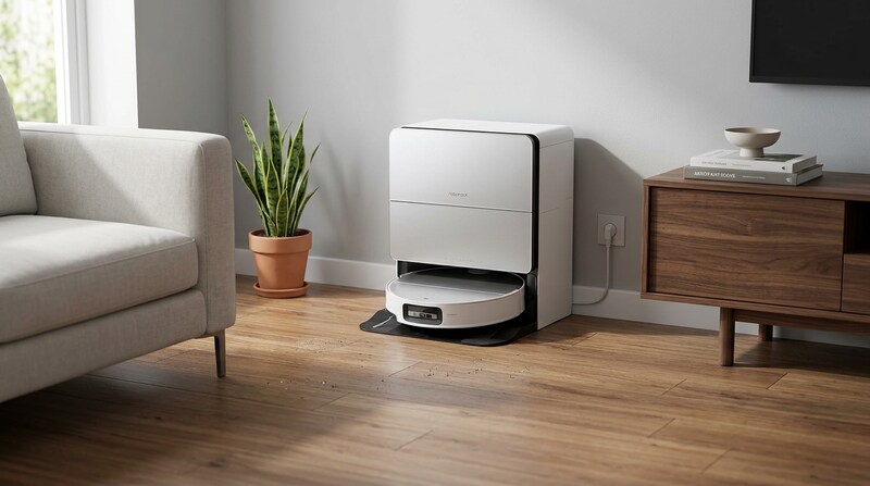 Roborock Saros 10 robot vacuum in its silver and white dock in a living room