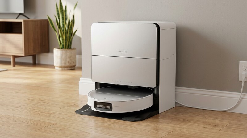 Roborock Saros 10 robot vacuum on a wood floor near a sofa and side table