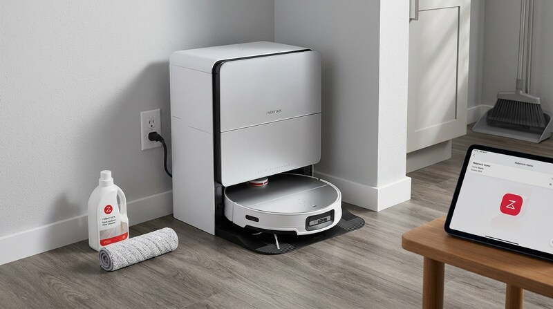 Roborock Saros 10 and dock in a living room with a tablet showing the cleaning map