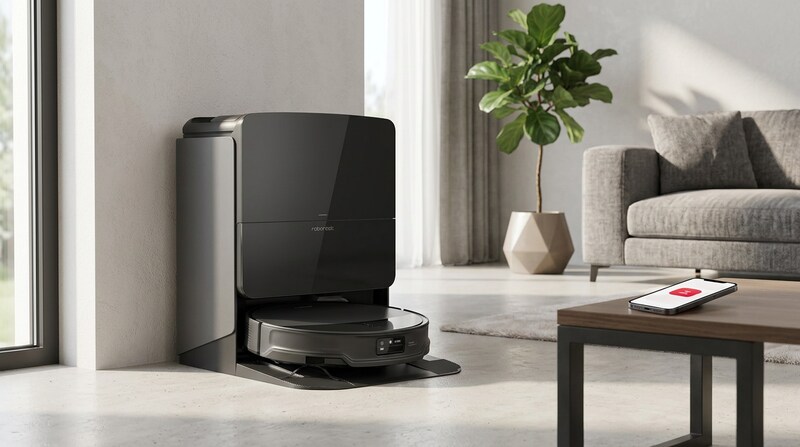 Roborock Saros 10R robot vacuum in its dark dock against a living room wall