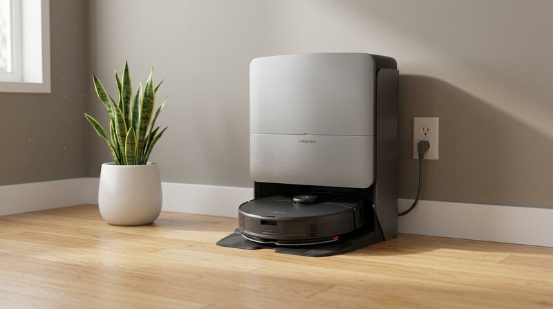 Roborock Saros 20 robot vacuum in its RockDock against a gray wall next to a potted snake plant