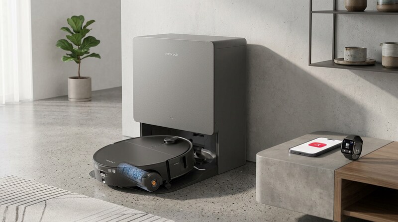 Roborock Saros 20 Flow robot vacuum and mop in its dark gray dock on a wooden floor