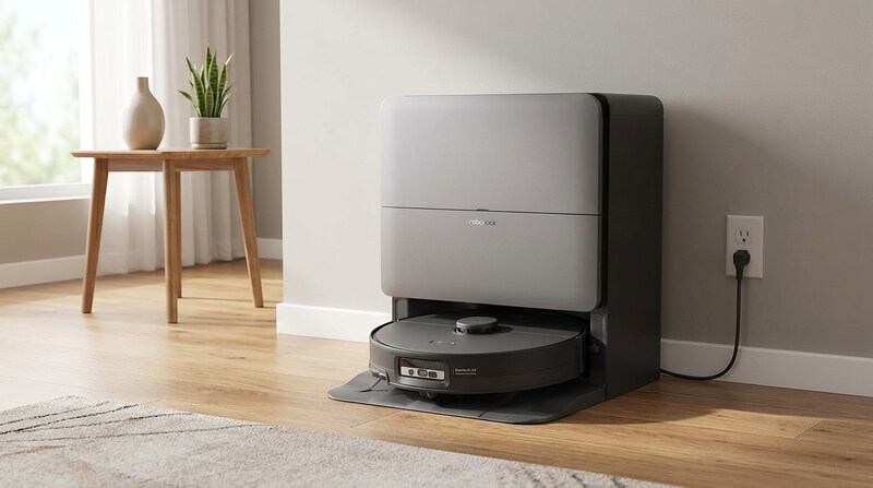 Roborock Saros 20 Sonic robot vacuum in its gray dock in a bright living room
