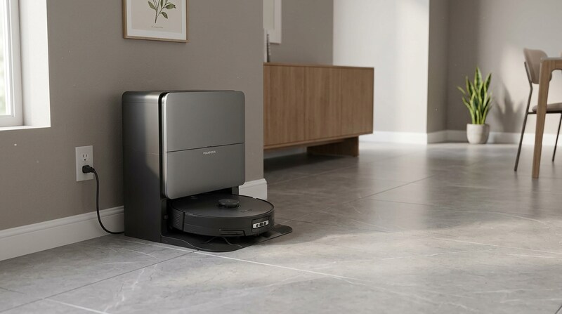 Roborock Saros 20 Sonic and dock beside a wooden side table in a living room