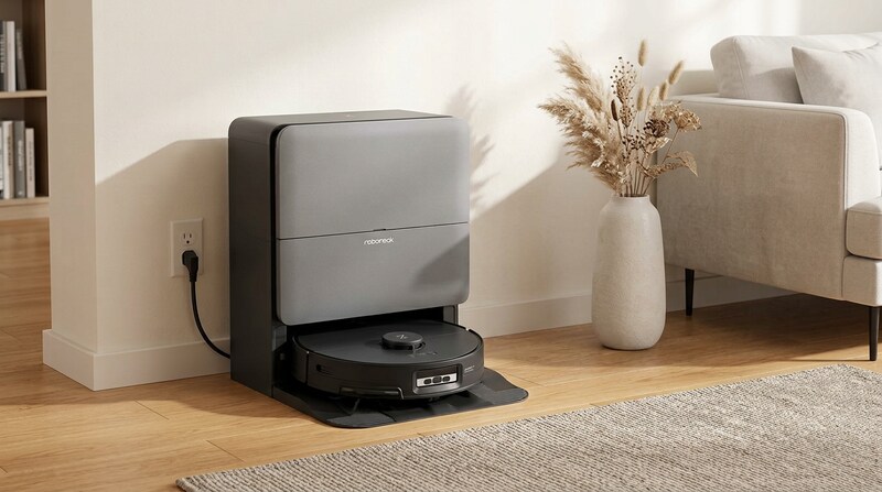Roborock Saros 20 Sonic robot vacuum and dock on a light wood floor