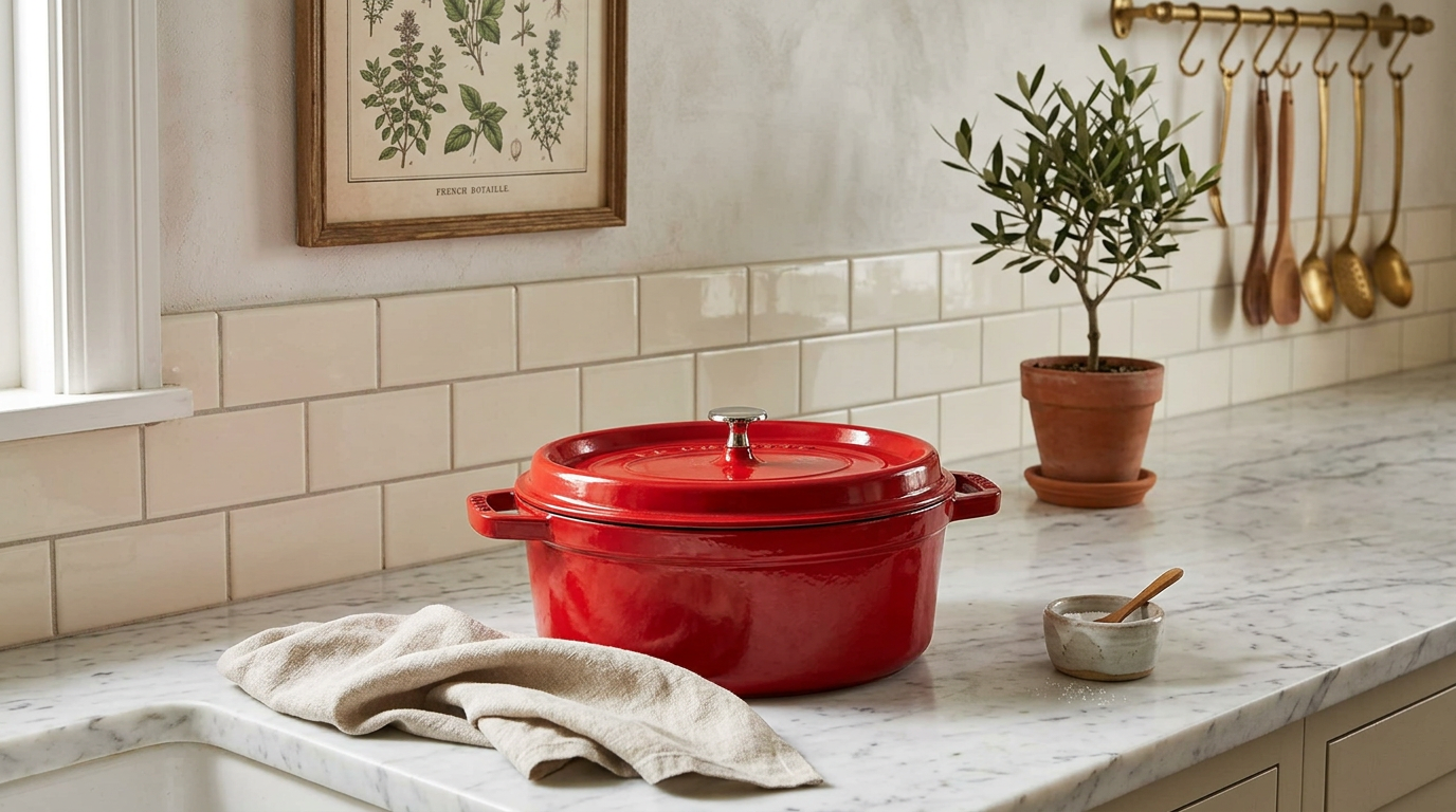 Cherry red Staub La Cocotte oval Dutch oven in a kitchen