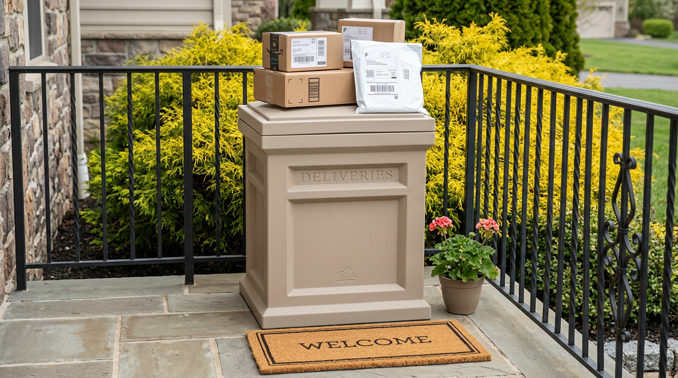 Mocha Step2 Express Parcel Delivery Box on a stone porch with cardboard boxes and a mailer stacked on the lid, next to a black railing