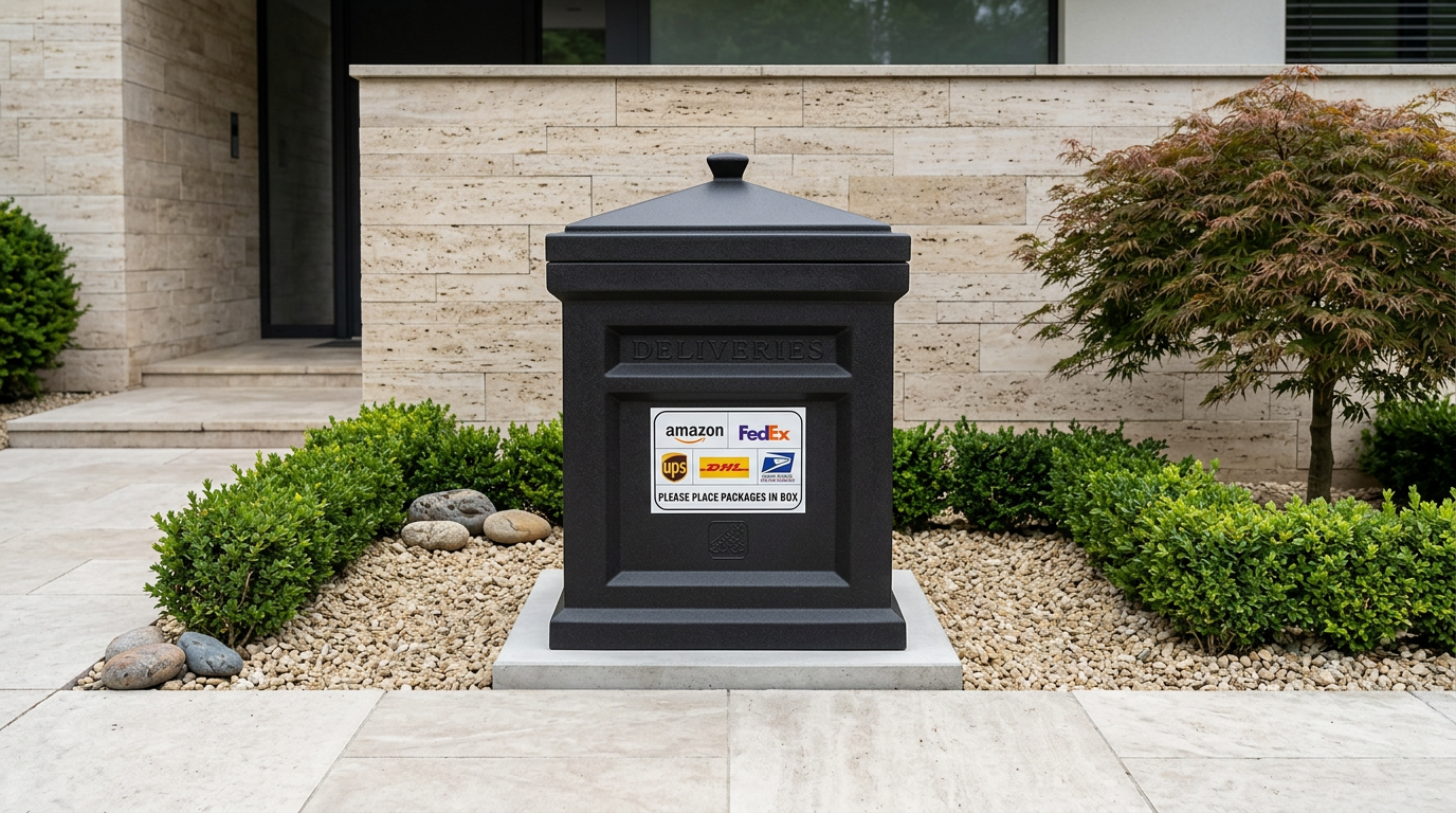 Black Step2 Express Parcel Delivery Box on a stone base in a gravel garden bed in front of a modern house, with a carrier sign on the front