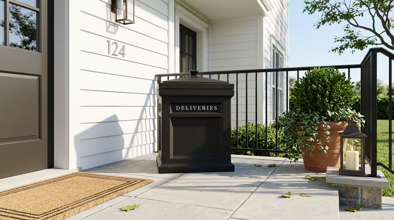 Black Step2 Express Parcel Delivery Box with a Deliveries label on a white porch next to the front door and a potted plant