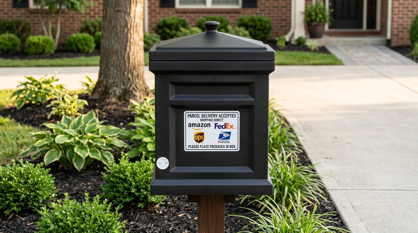 Black Step2 Express Parcel Delivery Box raised on a wooden post in a garden bed beside a driveway, with a parcel delivery sign