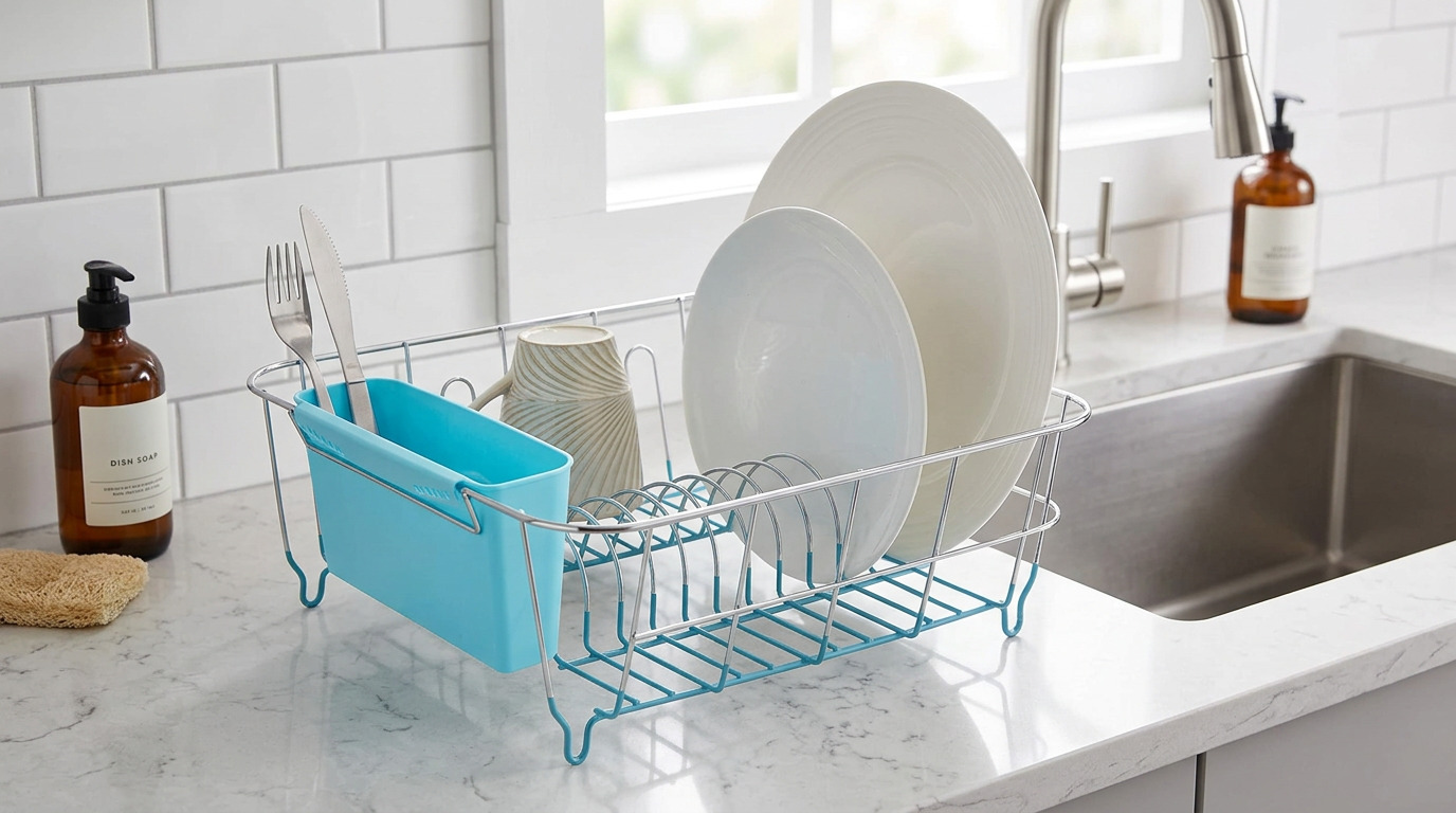 Illustration of the turquoise Sweet Home Collection dish rack with plates and utensil caddy beside a sink