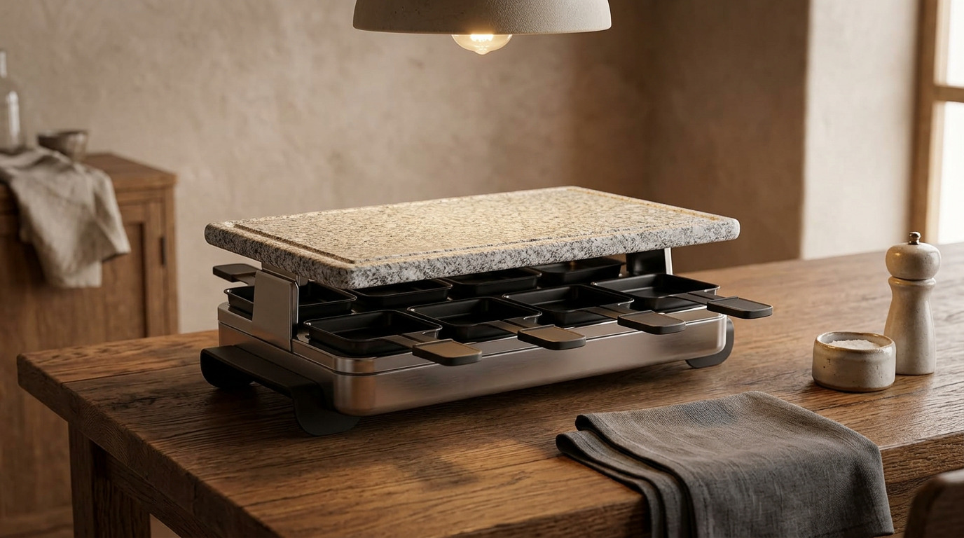 Illustration of the Swissmar Stelvio raclette grill with granite stone top on a wooden dining table