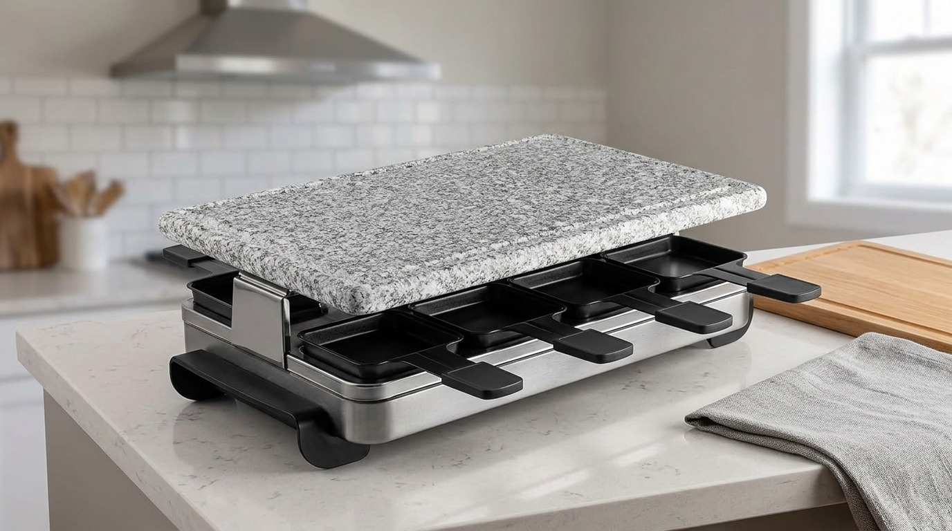 Illustration of the Swissmar Stelvio raclette grill on a white marble counter