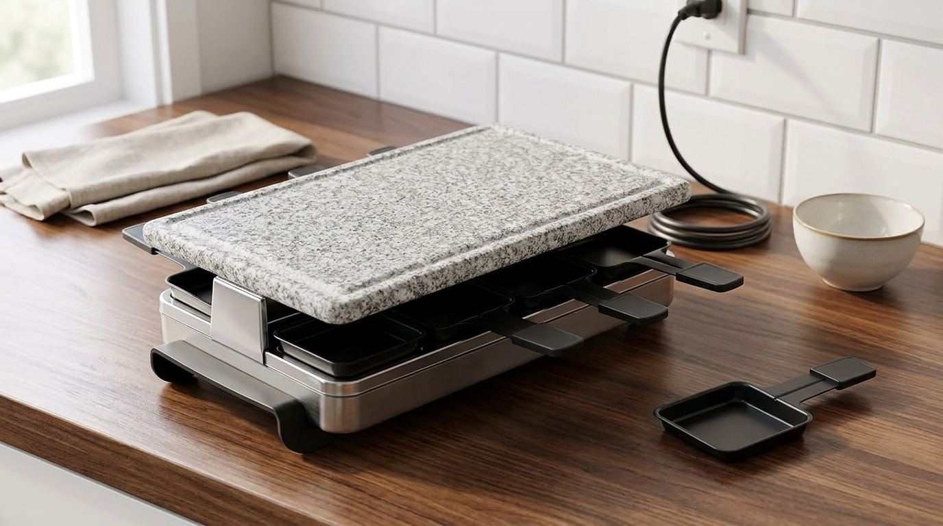 Illustration of the Swissmar Stelvio raclette grill on a wooden counter with a raclette pan beside it