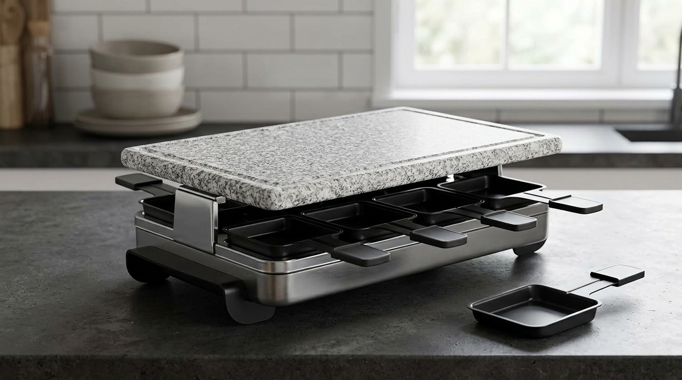 Illustration of the Swissmar Stelvio raclette grill on a dark kitchen counter