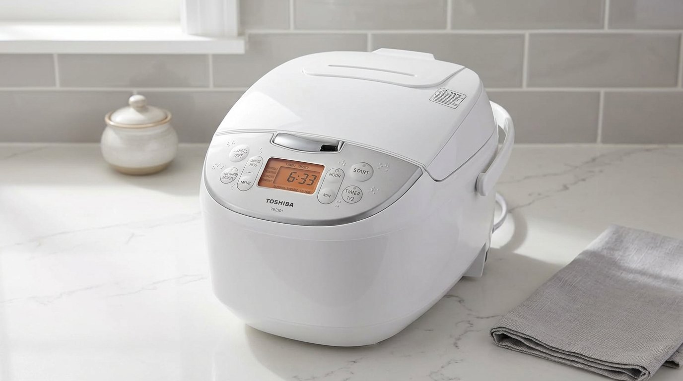 White Toshiba 6-cup rice cooker with an orange digital display on a light gray kitchen counter