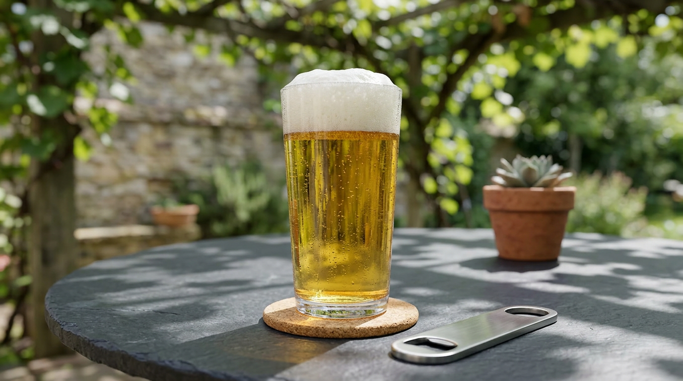 Toyo Sasaki Thin Ice beer glass filled with beer on an outdoor table