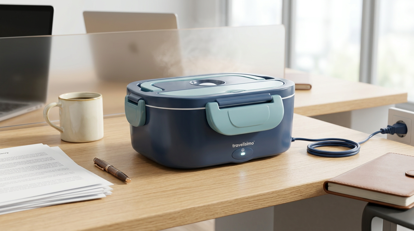 Dark blue TRAVELISIMO electric lunch box plugged into a wall outlet on an office desk, with steam rising from the lid