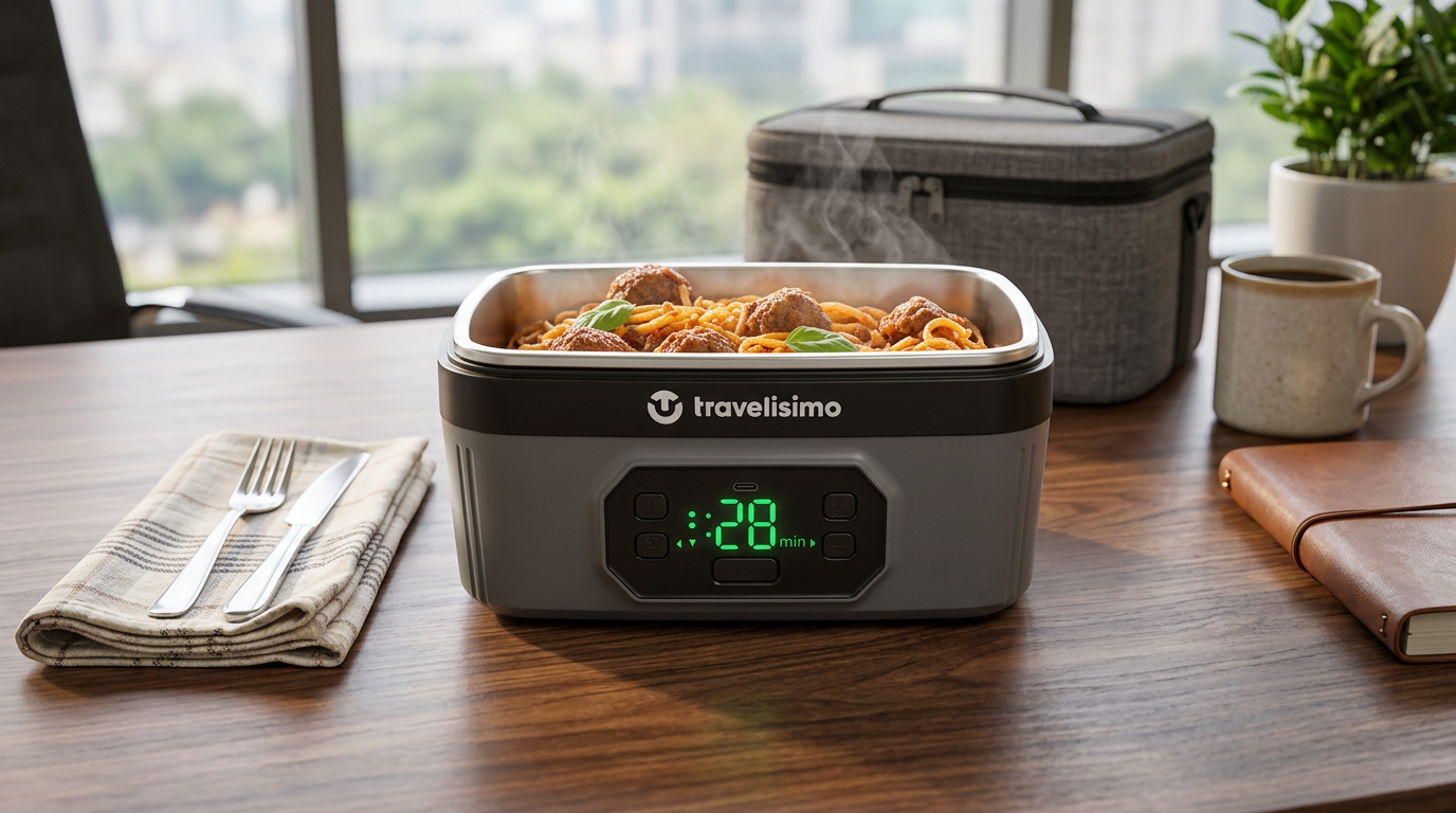 TRAVELISIMO lunch box with the lid off showing a stainless-steel tray full of spaghetti and meatballs, with a gray carry bag behind it