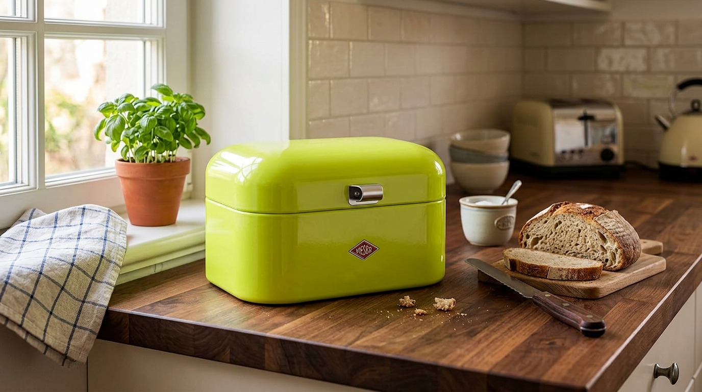 Wesco Single Grandy steel bread bin on a kitchen countertop