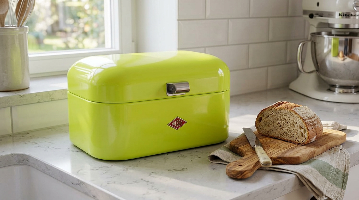 Wesco Single Grandy bread bin on a kitchen counter