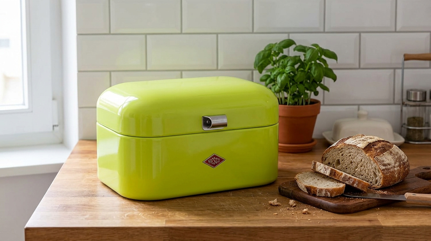 Wesco Single Grandy bread bin in a small, bright kitchen