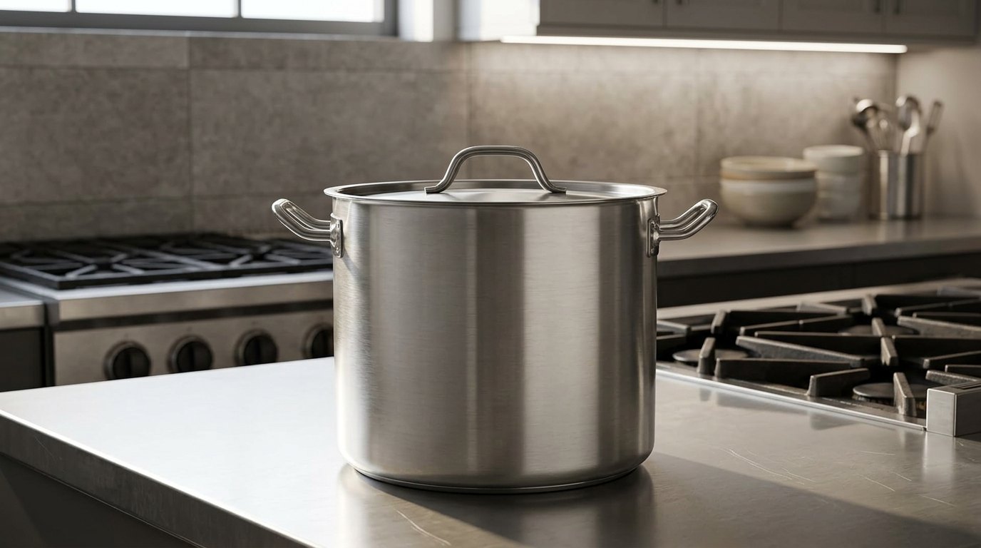 Large Winco stainless steel stock pot with lid on a kitchen counter next to a gas range