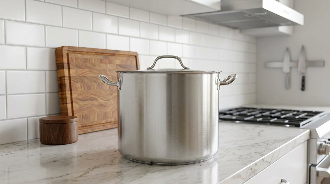 Winco stainless steel stock pot on a marble counter in front of a wooden cutting board and a knife rack