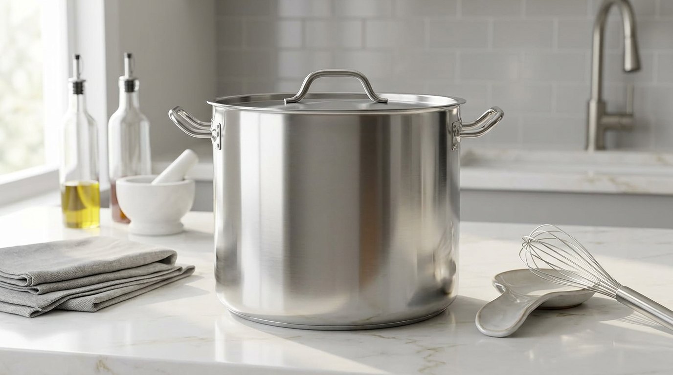 Winco stainless steel stock pot with lid on a white marble counter with olive oil bottles, a whisk and folded towels