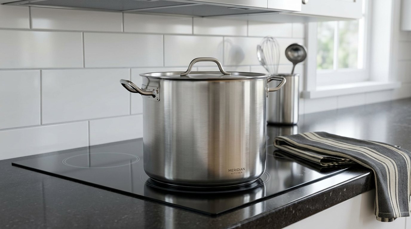 Winco stainless steel stock pot with lid on a black induction cooktop with a towel and a ladle nearby