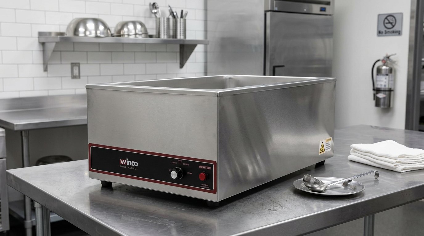 Stainless steel Winco FW-S500 countertop food warmer on a steel prep table in a commercial kitchen