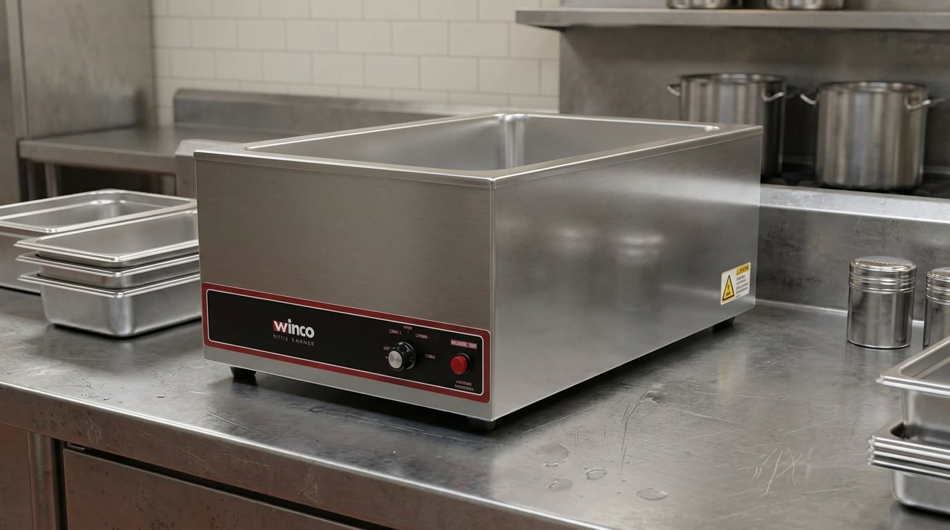 Winco stainless steel food warmer on a prep counter next to stacked hotel pans and other kitchen equipment