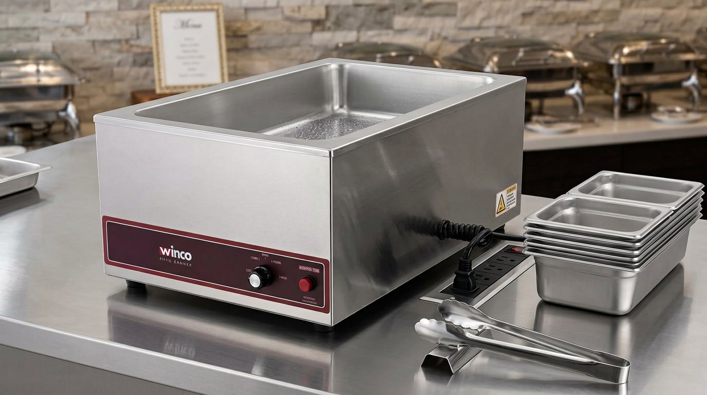 Winco stainless steel steam table on a buffet counter next to stacked metal pans and serving tongs