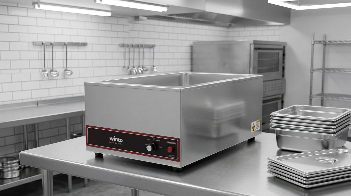 Winco stainless steel food warmer on a prep table in a bright commercial kitchen with stacked trays and utensils