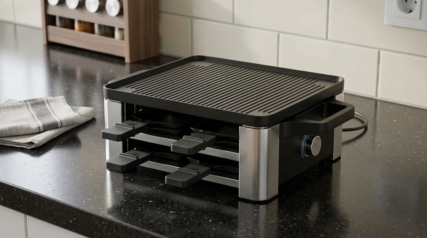 Illustration of the WMF Lono raclette grill on a dark kitchen counter