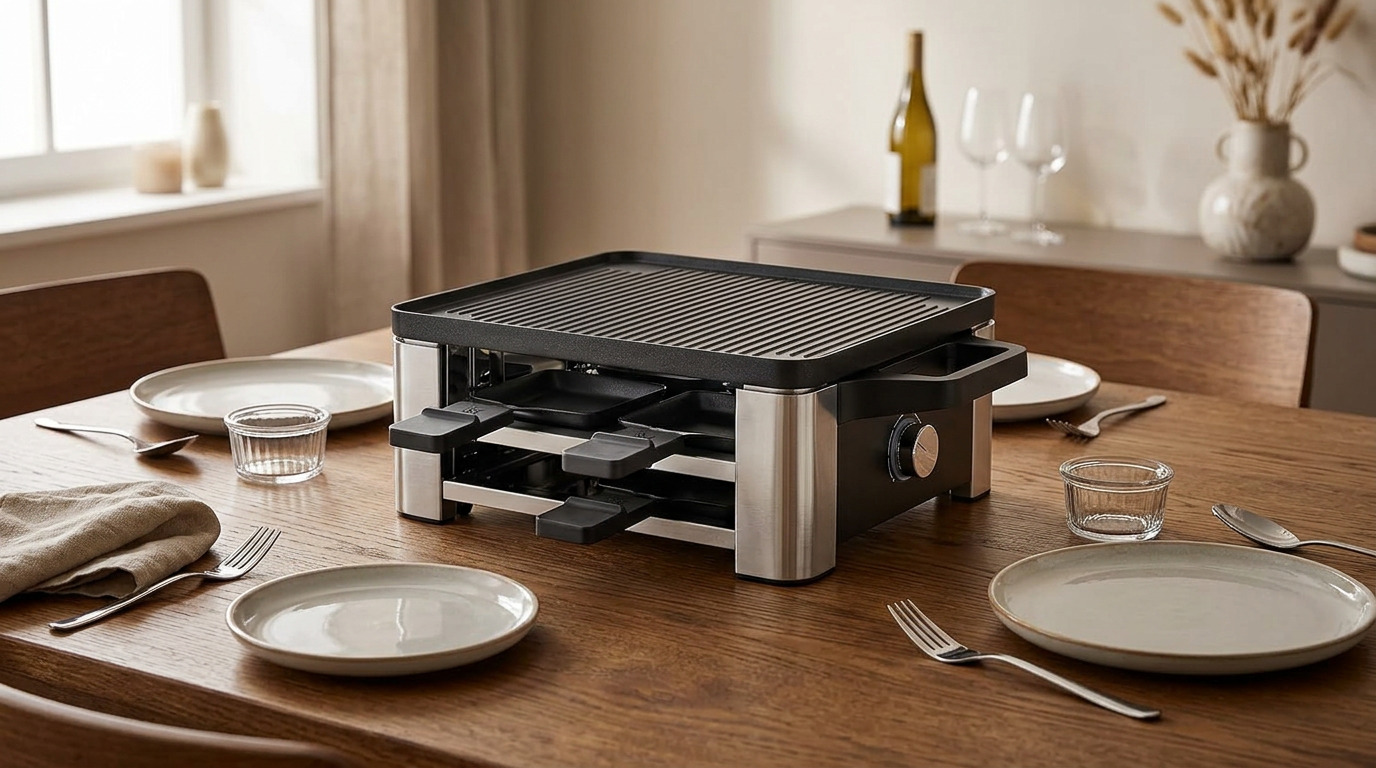 Illustration of the WMF Lono raclette grill on a dining table set for dinner