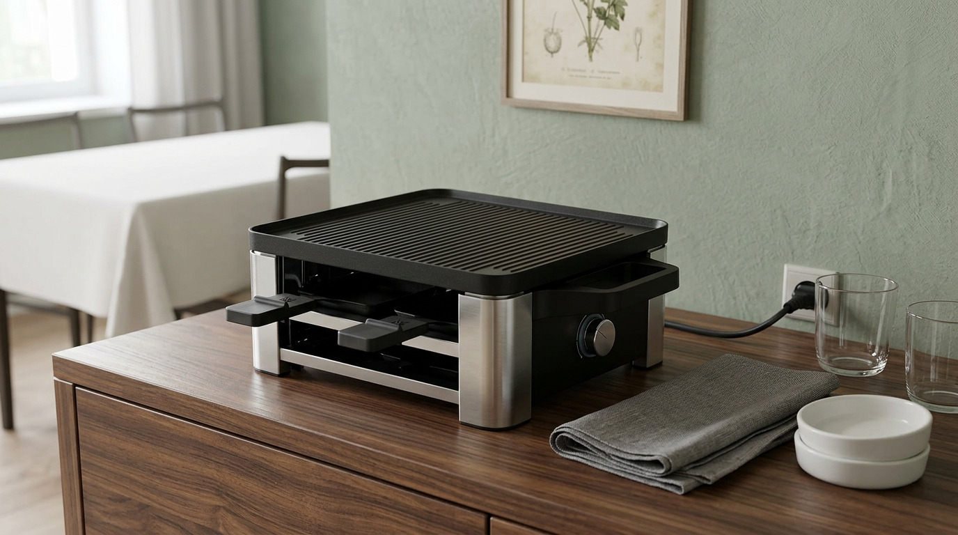 Illustration of the WMF Lono raclette grill on a wooden sideboard