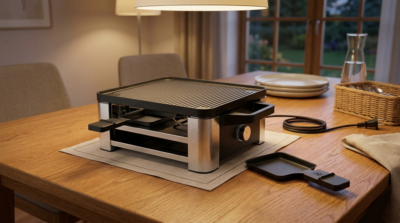 Illustration of the WMF Lono raclette grill on a wooden table under a warm pendant light