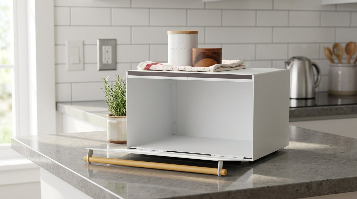 White YAMAZAKI Home steel bread box with a wooden handle and its door open on a gray stone kitchen counter