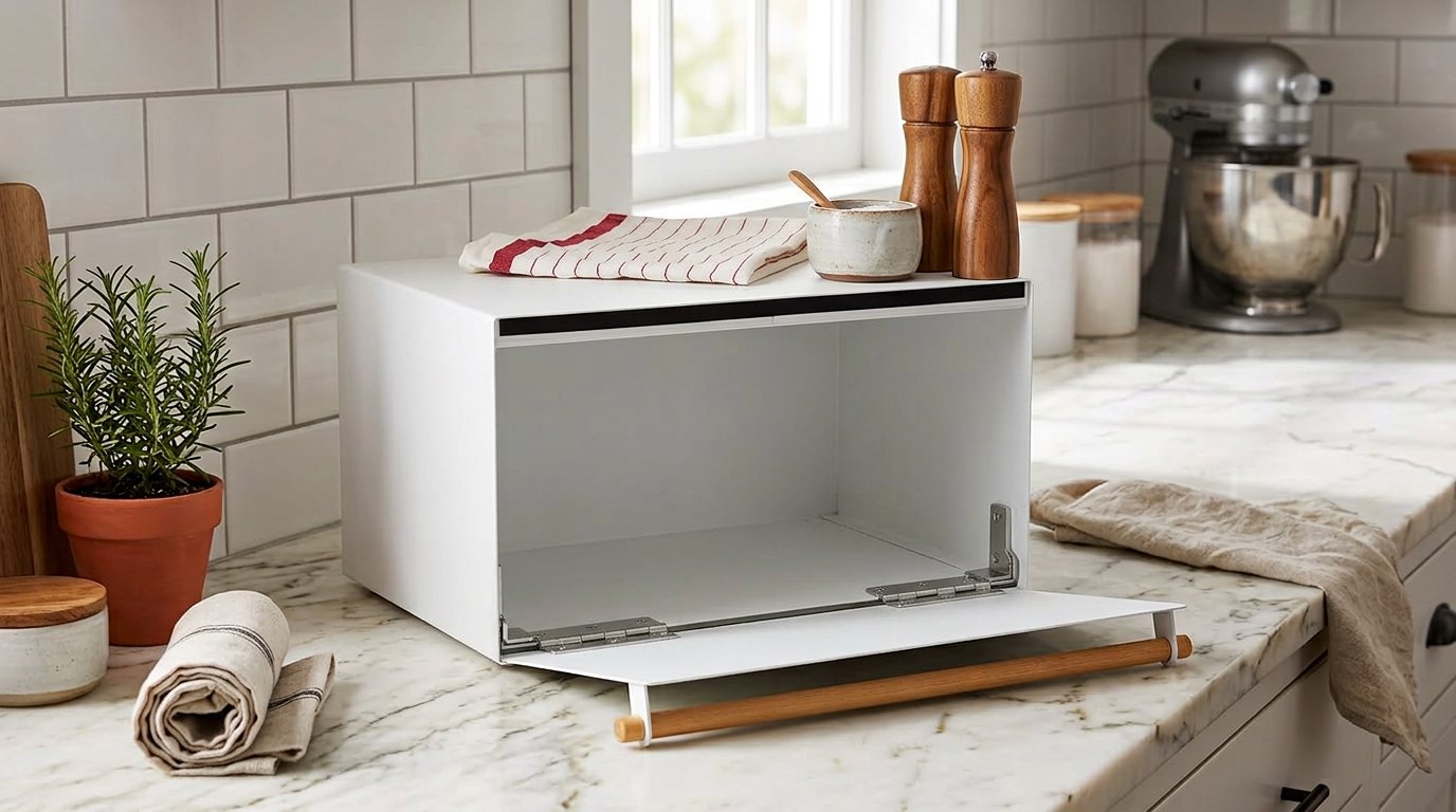 White steel bread box on a marble counter with a wooden handle, a rosemary plant and a stand mixer in the background